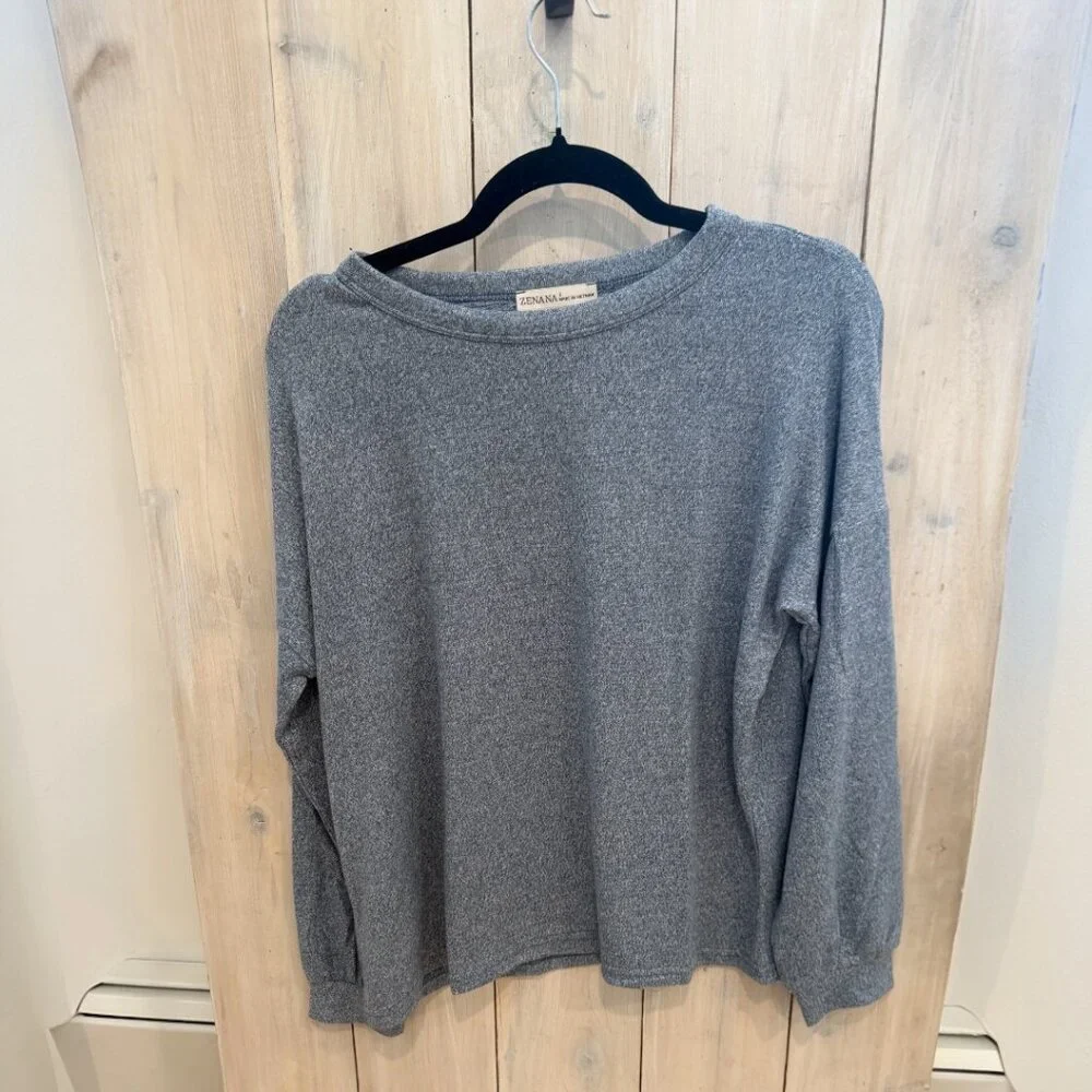 Zenana Soft Melange Hacci Long Sleeve Tee and Joggers Set NEW Dusty Blue/Large
